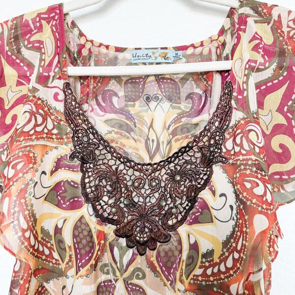 Y2K Unity Top‎ Mesh Paisley Print Crochet Brown Orange Size M Boho Forest Fairy - Picture 4 of 8